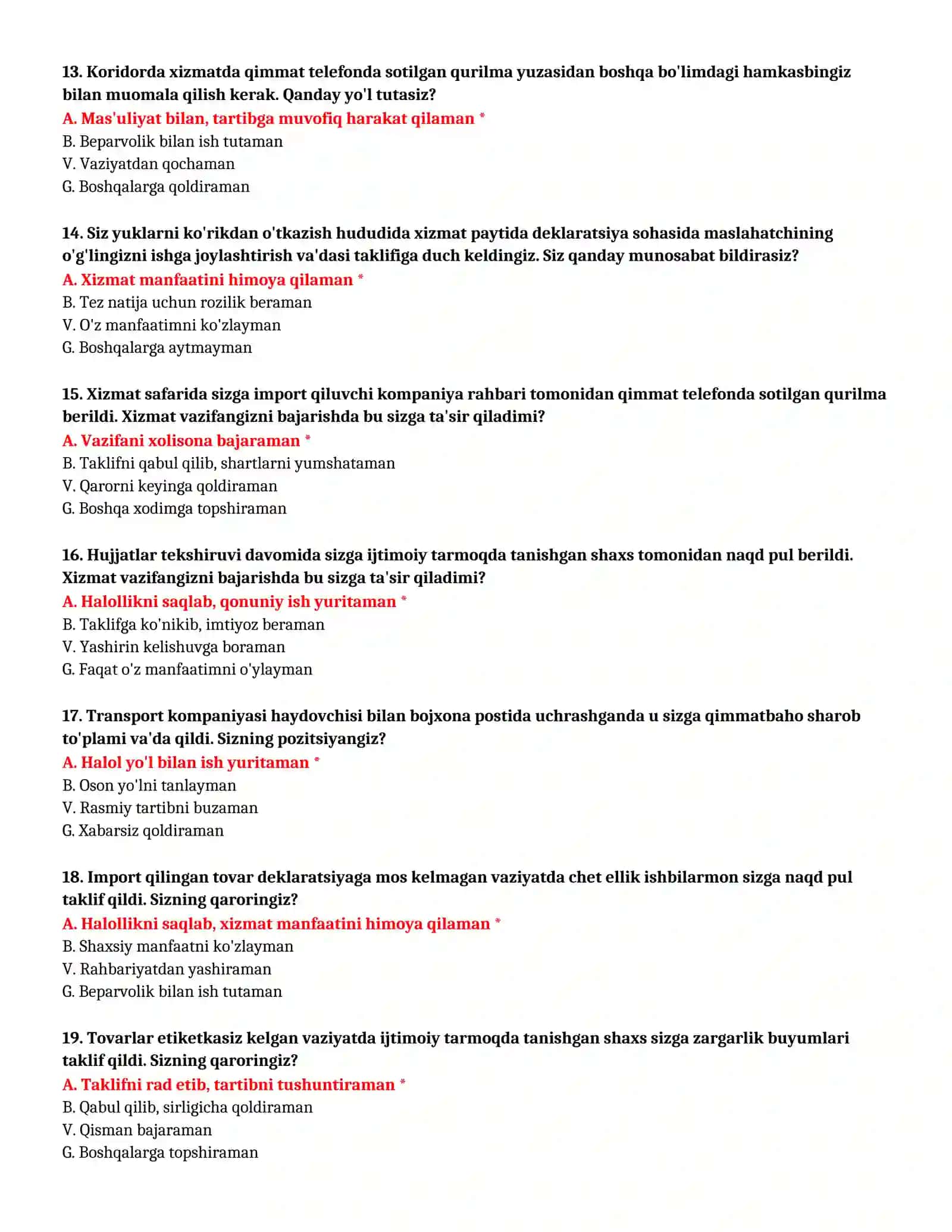 BOJXONA AKADEMIYASI - KASBIY TANLOV TEST SAVOLLARI (№59) 4