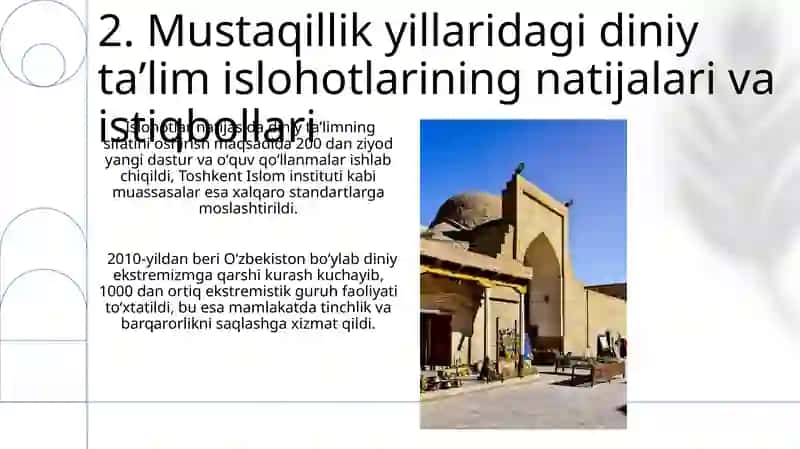O'zbekiston mustaqillik yillarda diniy ta'lim tizimda amalga oshirilgan islohatlat 4