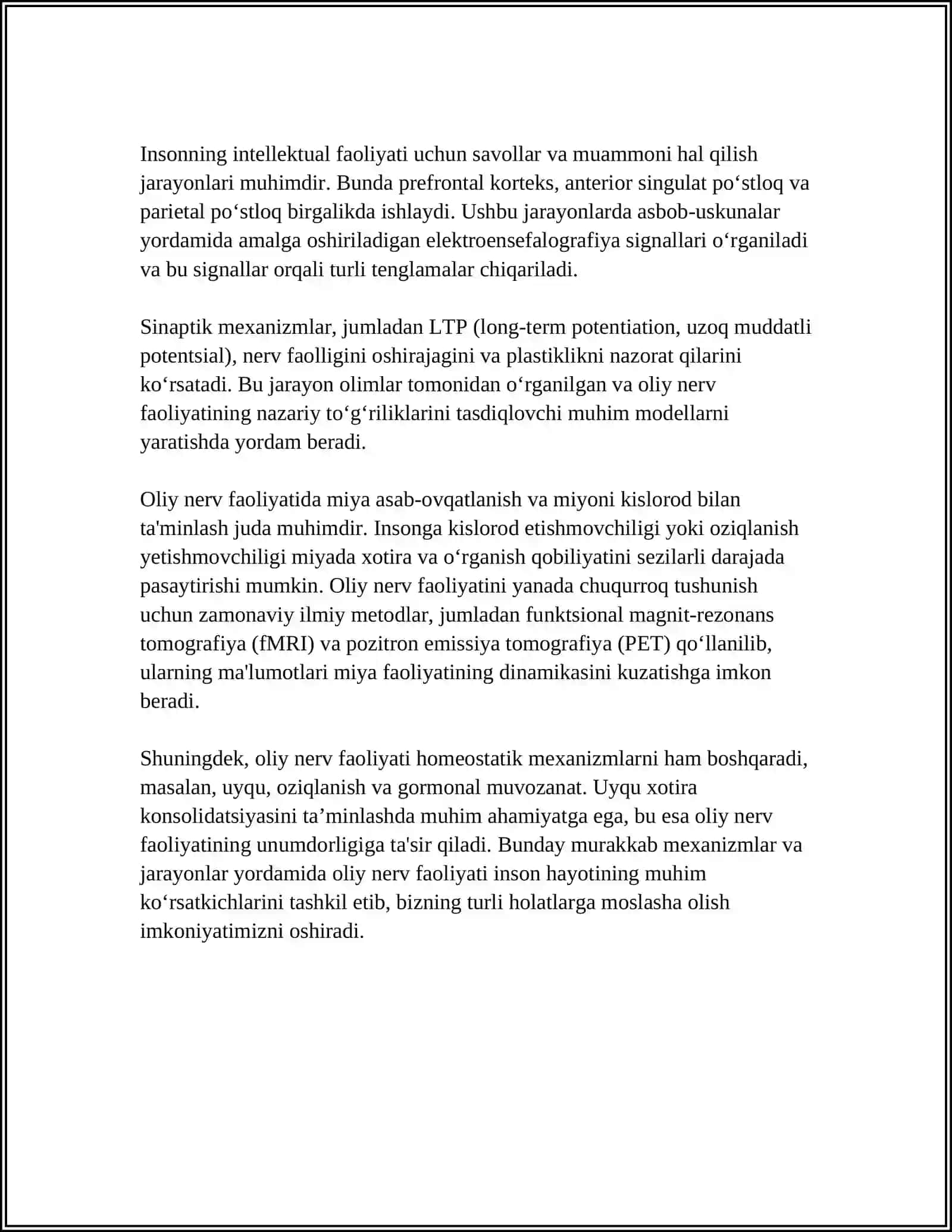 OLIY NERV FAOLIYATI. NERV SISTEMASINI REFLEKTORLIK MEXANIZMI.OLIY NERV FAOLIYATINI RIVOJLANISH DAVRLARI.REFLEKTOR SISTEMASINI BOLA RIVOJLANISHIDAGI OʻRNI, NUQSONLARNI ANIQLASHDAGI ROʻLI 4