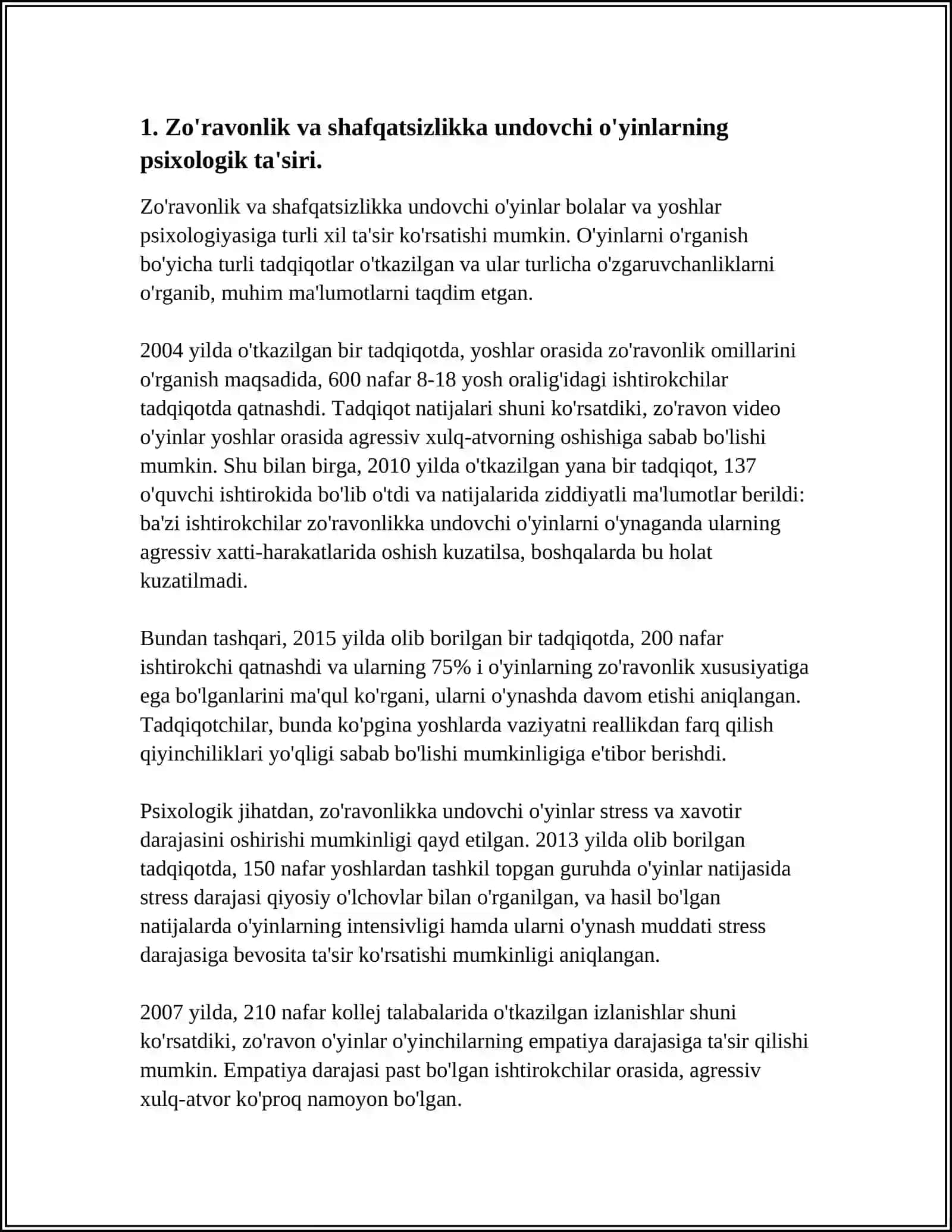ZURAVONLIK FAXSH VA SHAVQATSIZLIKKA UNDOVCHI UYINLAR PUBJ MINEKRAFT GMA COUNTER CTCHIKE EVER QUEST MANHUT HILMIY XIDIR SORIY LORNING ZARARLI OQIBATLARI VA ULARNING BARTARAF ETISH YULARI 4