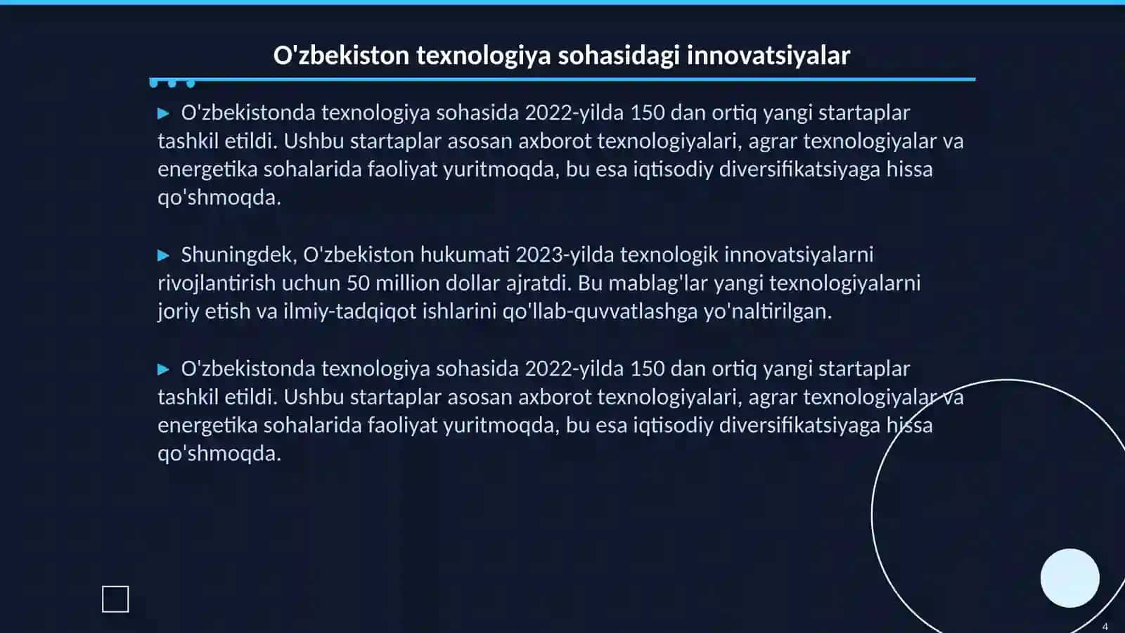 O'zbekistonning ilm-fan va texnologiya rivojlanishidagi yutuqlari va muammolari. Innovatsion iqtisodiyotga o'tish jarayonlari 4