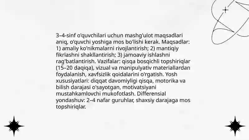Boshlangʻich sinf texnalogiya taʼlimi darslarida(3-4sinflar uchun)mashgʻulot ishlanmasini tayyorlash 4