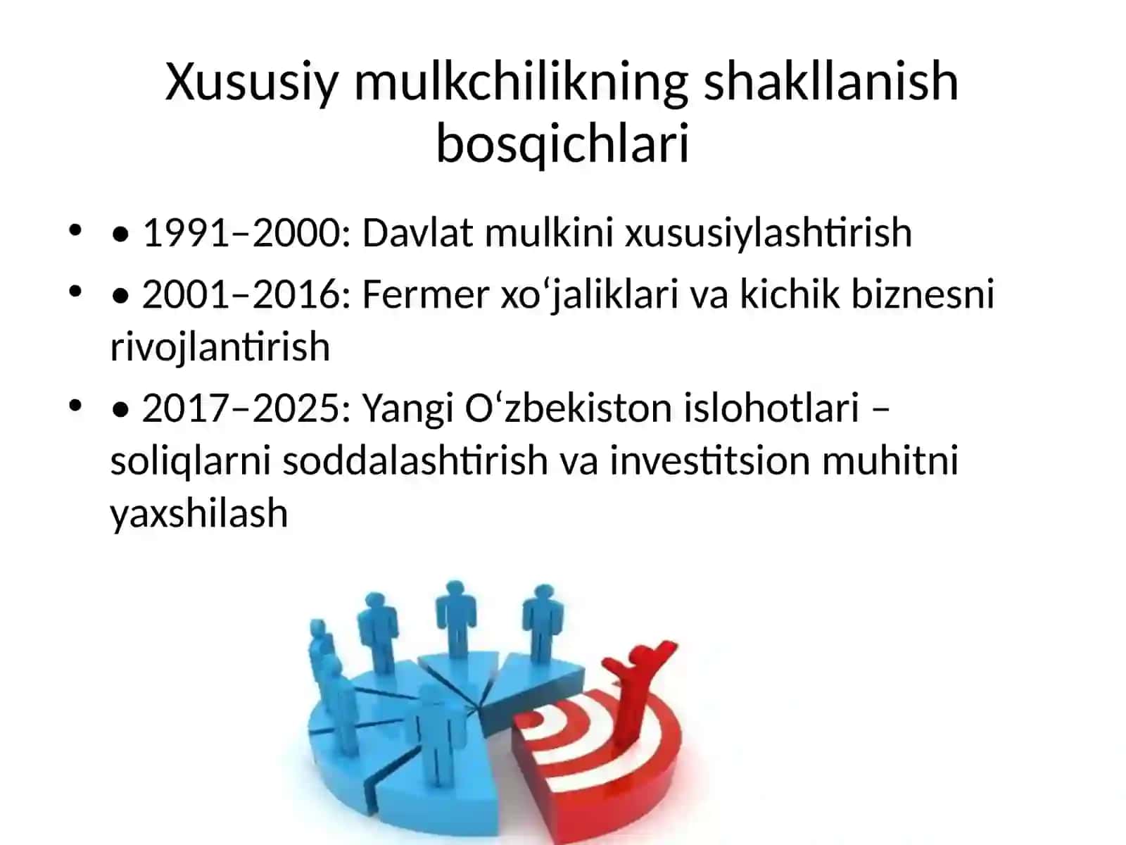 Iqtisodiy islohotlar, xususiy mulkchilikning shakllanishi. O‘zbekistonda bozor munosabatlarining rivojlanishi 4