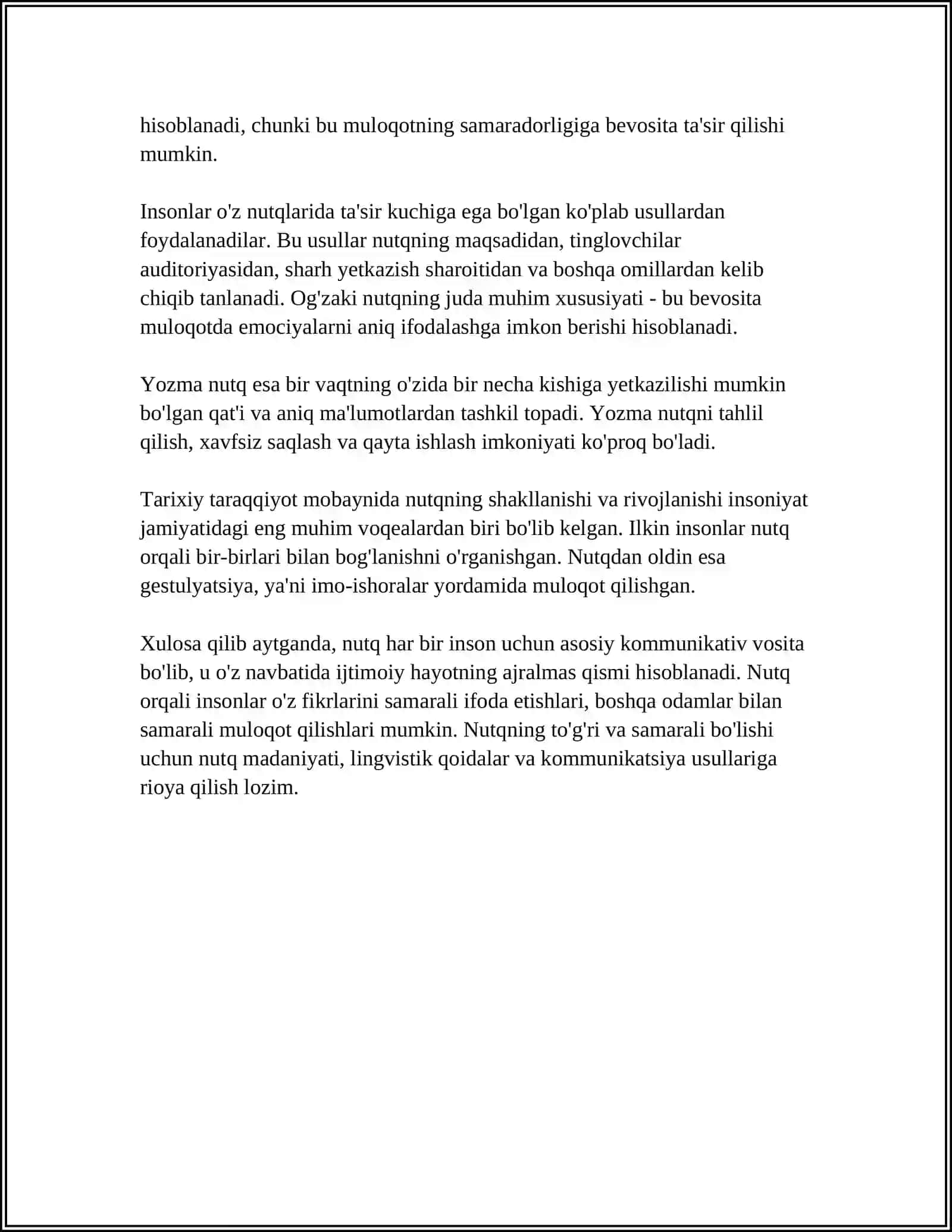 NUTQ TO'ĞRISIDA UMUMIY TUSHUNCHA.MULOQOT VA UNING INSON HAYOTIDA TUTGAN OʻRNI 4