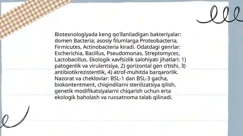Biotexnologik mahsulotlarning ekologik xavfsizligi Biotexnologiyada ishlatiladigan mikroorganizmlarning taksonomiyasi 4
