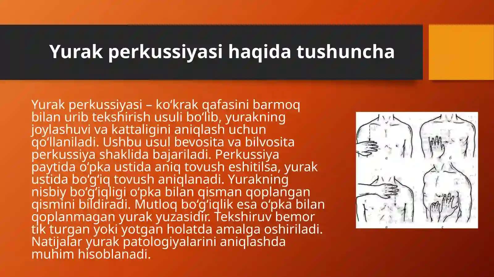 Yurak perkussiyasi. Yurakni nisbiy va mutloq bo'g'iqlik chegarasini sog'lom odamda aniqlash. Yurak konfigurasiyasi. 4