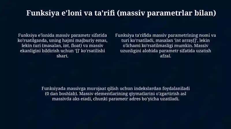 Bir o'lchovli massivlarni funksiya parametrlari sifatida qo'llanilishi 4