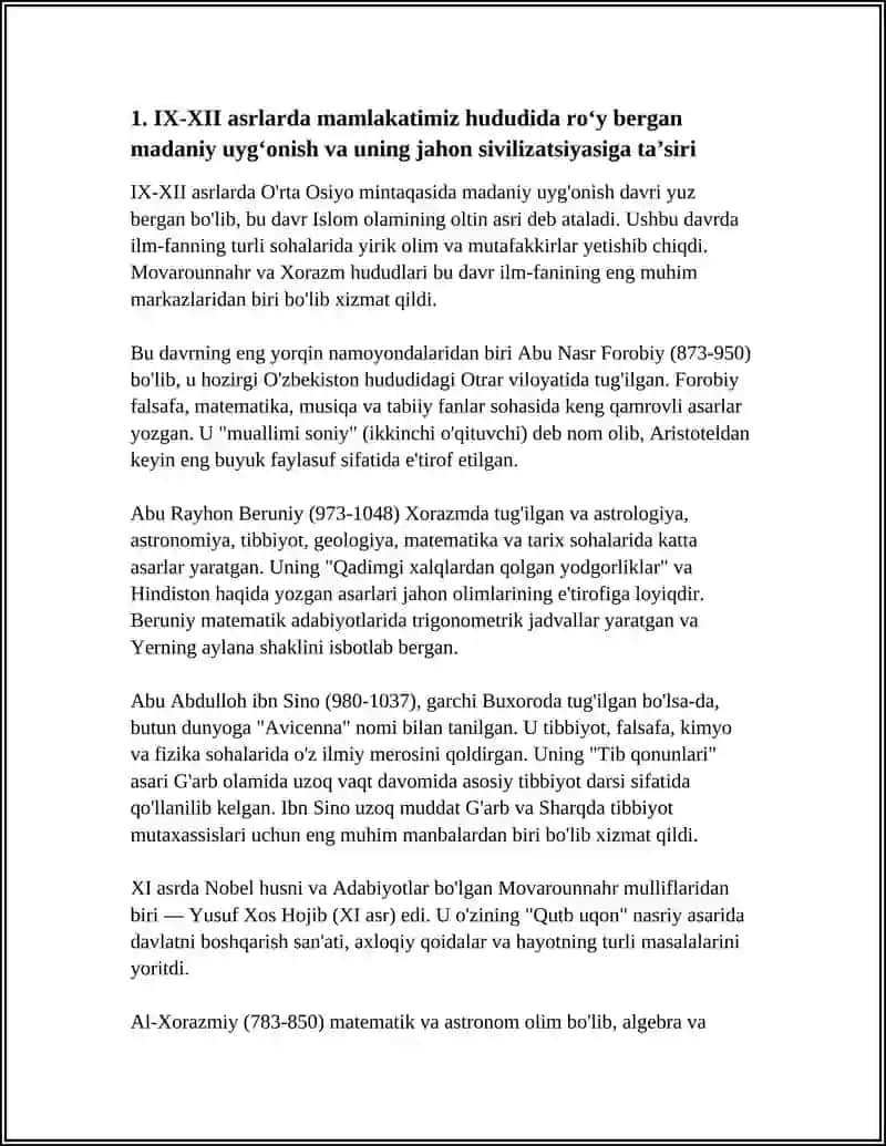 IX-XLL ASRLARDA MAMLAKATIMIZ HUDUDIDA RO'Y BERGAN MADANIY UY'ONISH (RENESSANS)BUYUK ALOMALARNING JAHON SVILLIZATSIYASIGA QO'SHGAN HISSASI 4