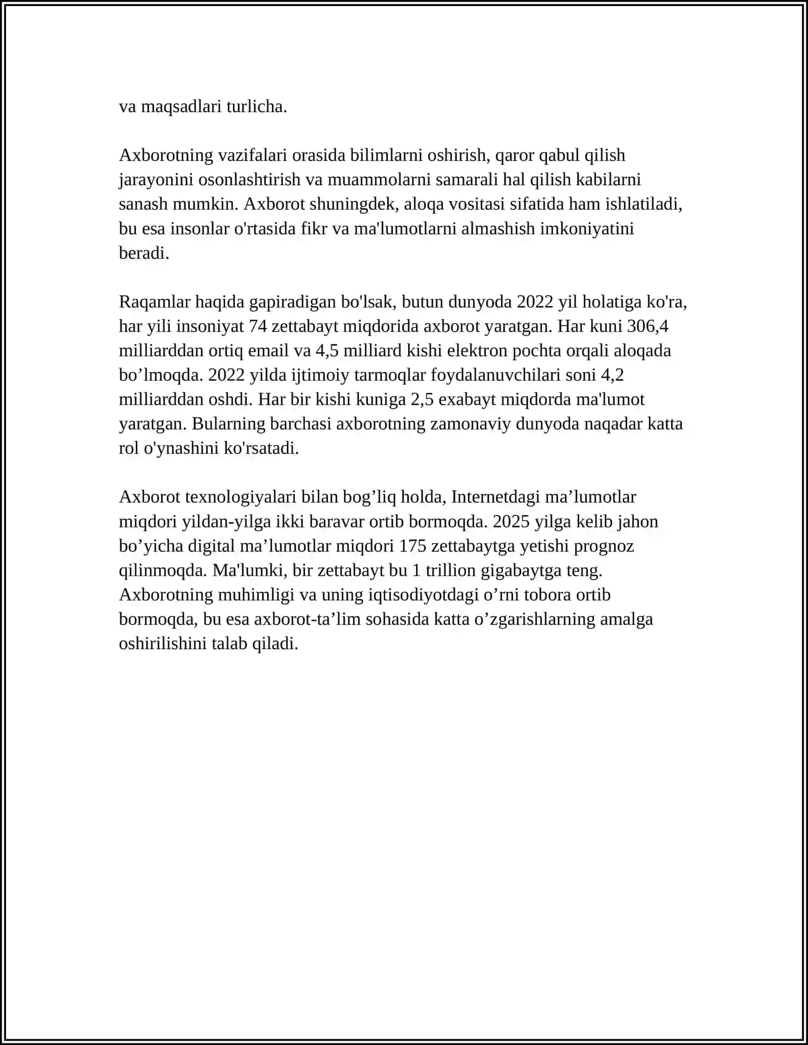 AXBOROTLARNING ASOSIY XUSUSIYATLARI VA TAVSIFNOMASI 4