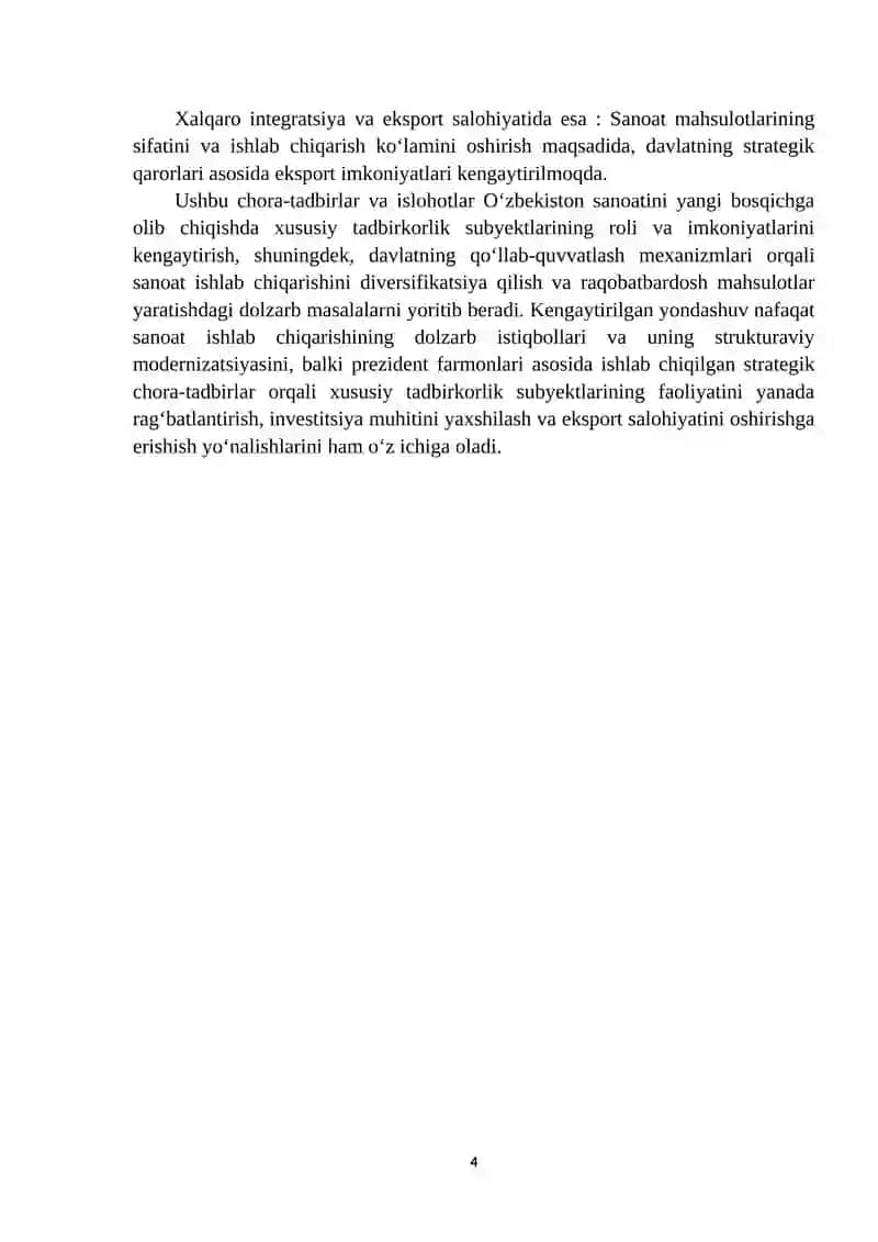 “O‘zbekistonda sanoat ishlab chiqarishi sohasida xususiy tadbirkorlikning rivojlanish istiqbollari” mavzusida ilmiy ish 4