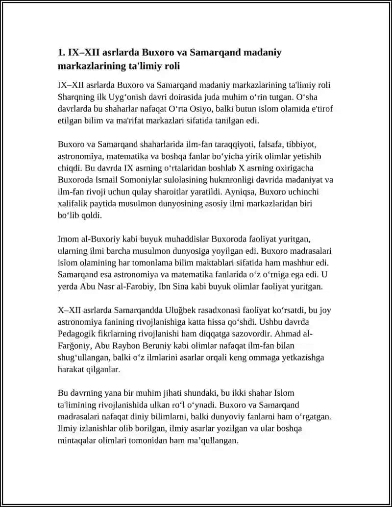SHARQDA ILK UYG‘ONISH DAVRI (IX–XII ASRLAR), O‘RTA OSIYODA (XIV–XX ASRLAR) TA’LIM-TARBIYA VA PEDAGOGIK 4