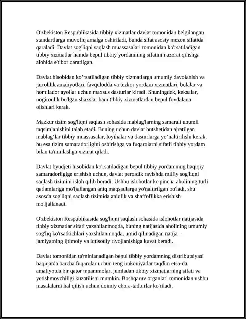 O'ZBEKISTON RESPUBLIKASI KONSTITUTSIYADA KAFOLATLANGAN TARZDA DAVLAT HISOBIDAN TIBBIY YORDAM KURSATISH 4