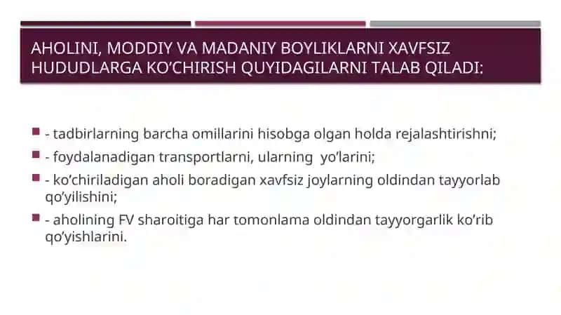 Favqulotda vaziyat xavf tug'ilganda va sodir bo'lganda aholini evakuatsiya qilish 4