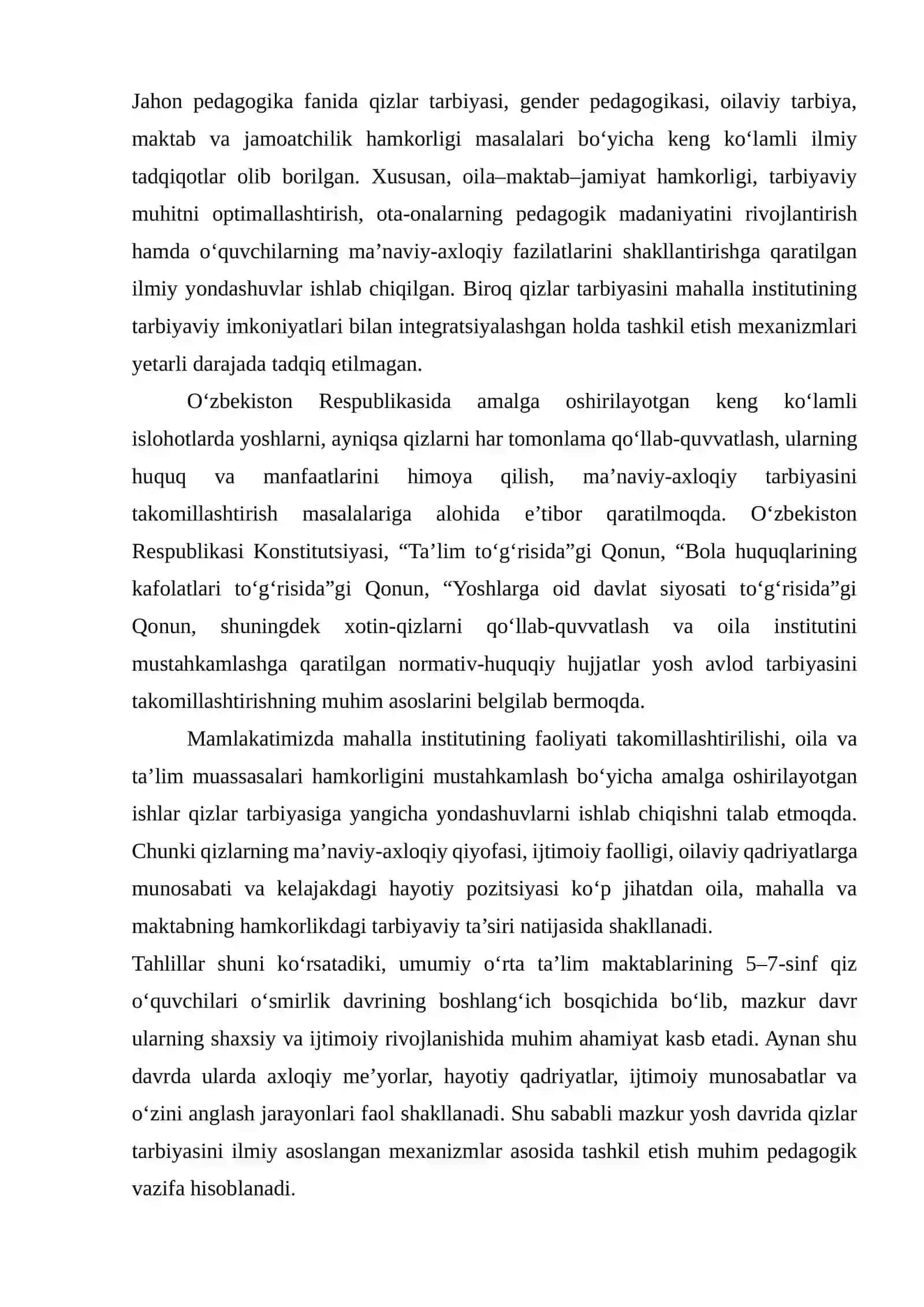 UMUMIY O‘RTA TA’LIM MAKTABLARIDA QIZLAR TARBIYASINI TASHKIL ETISHNING NAZARIY-METODOLOGIK ASOSLARI 4