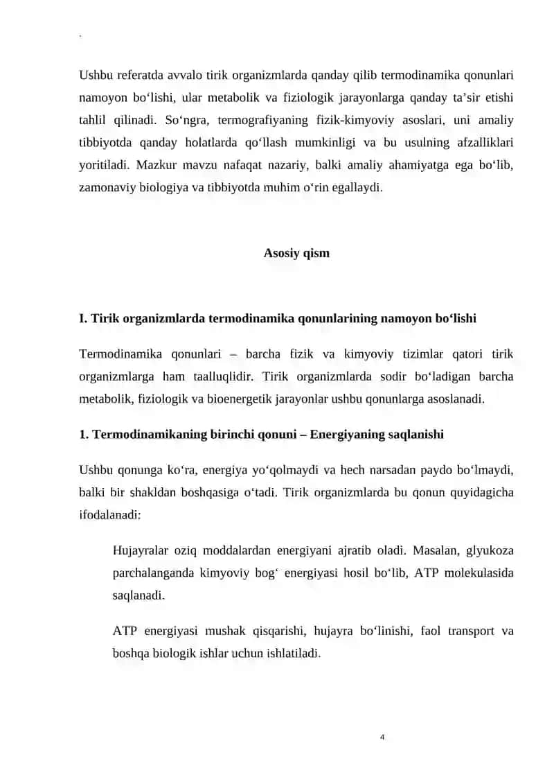 Tirik organizmlar uchun termodinamika qonunlari. Termografiya va uning diagnostikada roli 4