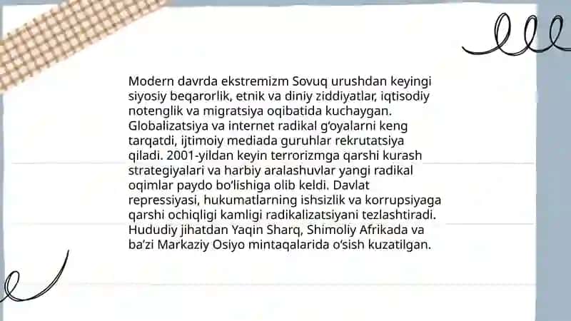 Diniy Fanatizm, Ekstremizm, Fundamentalizm, Terrorizmning tarixi va ularning hozirgi davrda xafsizlikga tahdidi 4