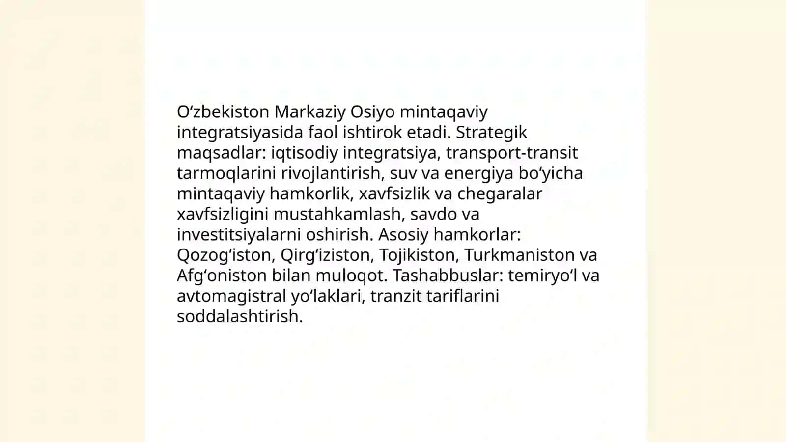 Oʻzbekistonning integratsion jarayonlardagi ishtiroki 4