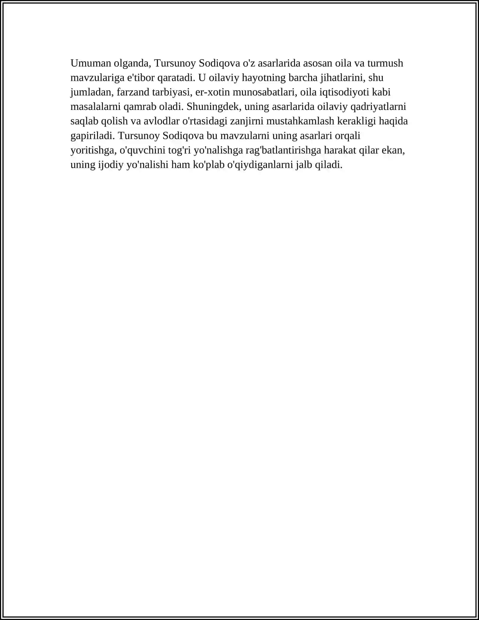REFERAT Mavzu: TURSUNOY SODIQOVANING ASARLARI ASOSIDA YOSHLARNI OILAVIY HAQIDAGI TASAVVURLARINI SHAKLLANTIRISH 4
