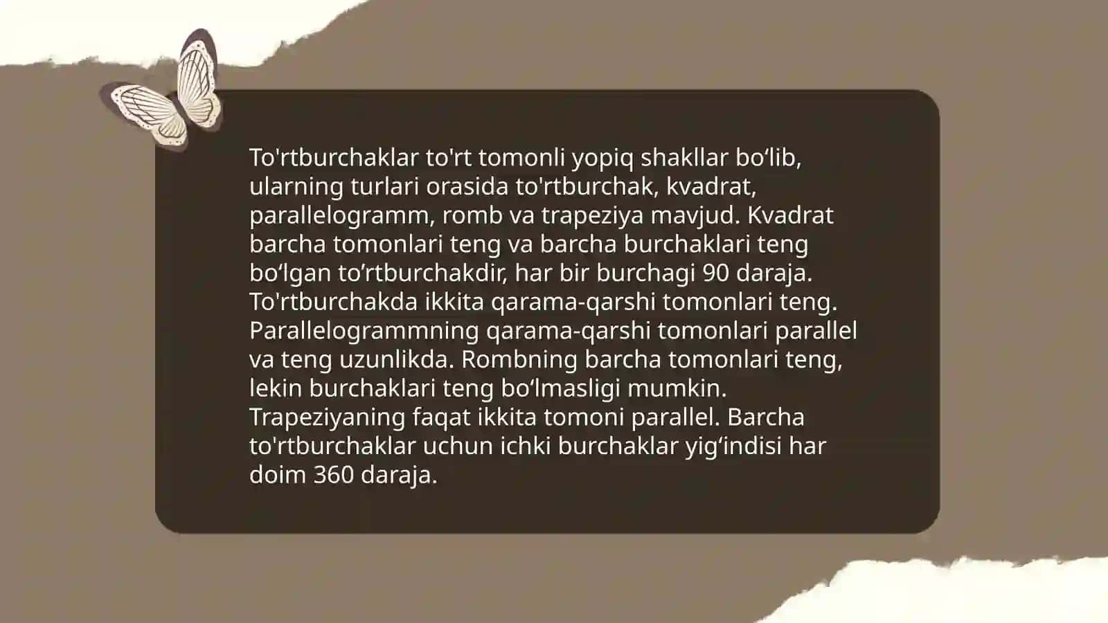Sodda geometrik feguralar ta'riflari, xossalari va a'lomatlarini o'rganish 4