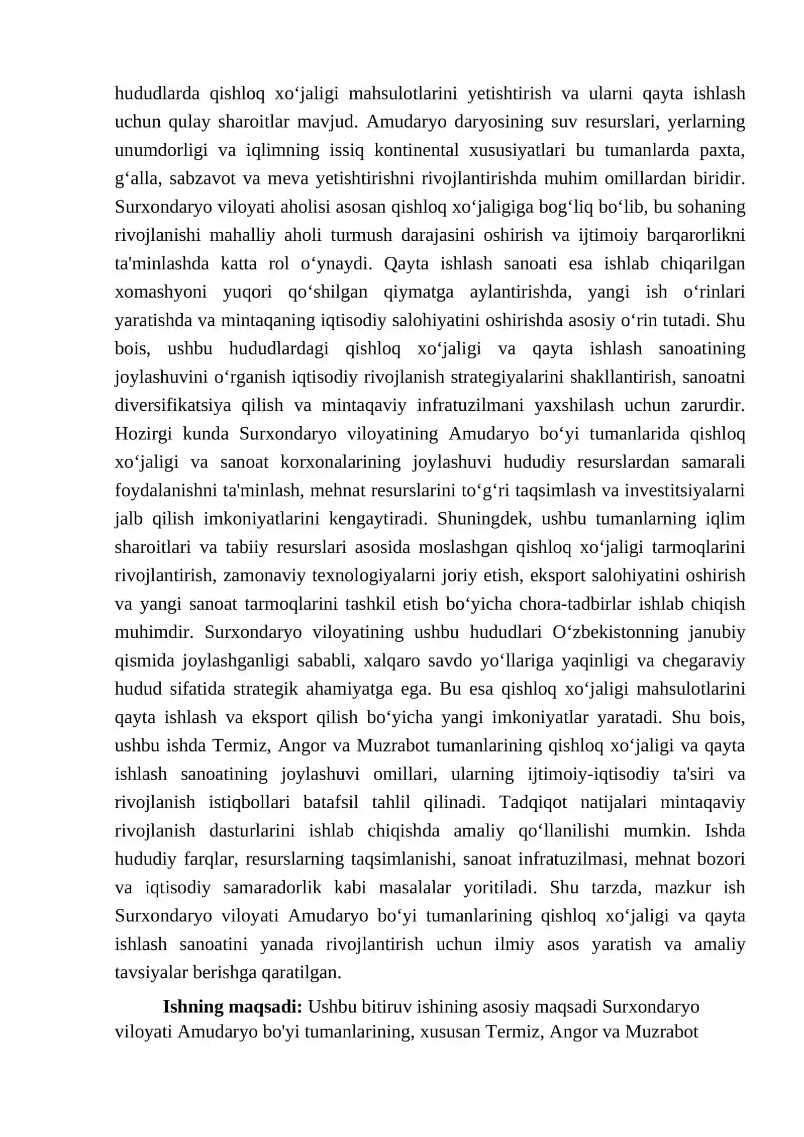 "Surxondaryo viloyati Amudaryo bo'yi tumanlarining qishloq xo'jaligi va qayta ishlash sanoatining joylashuvi (Termiz Angor Muzrabot tumanlari misolida)" 4