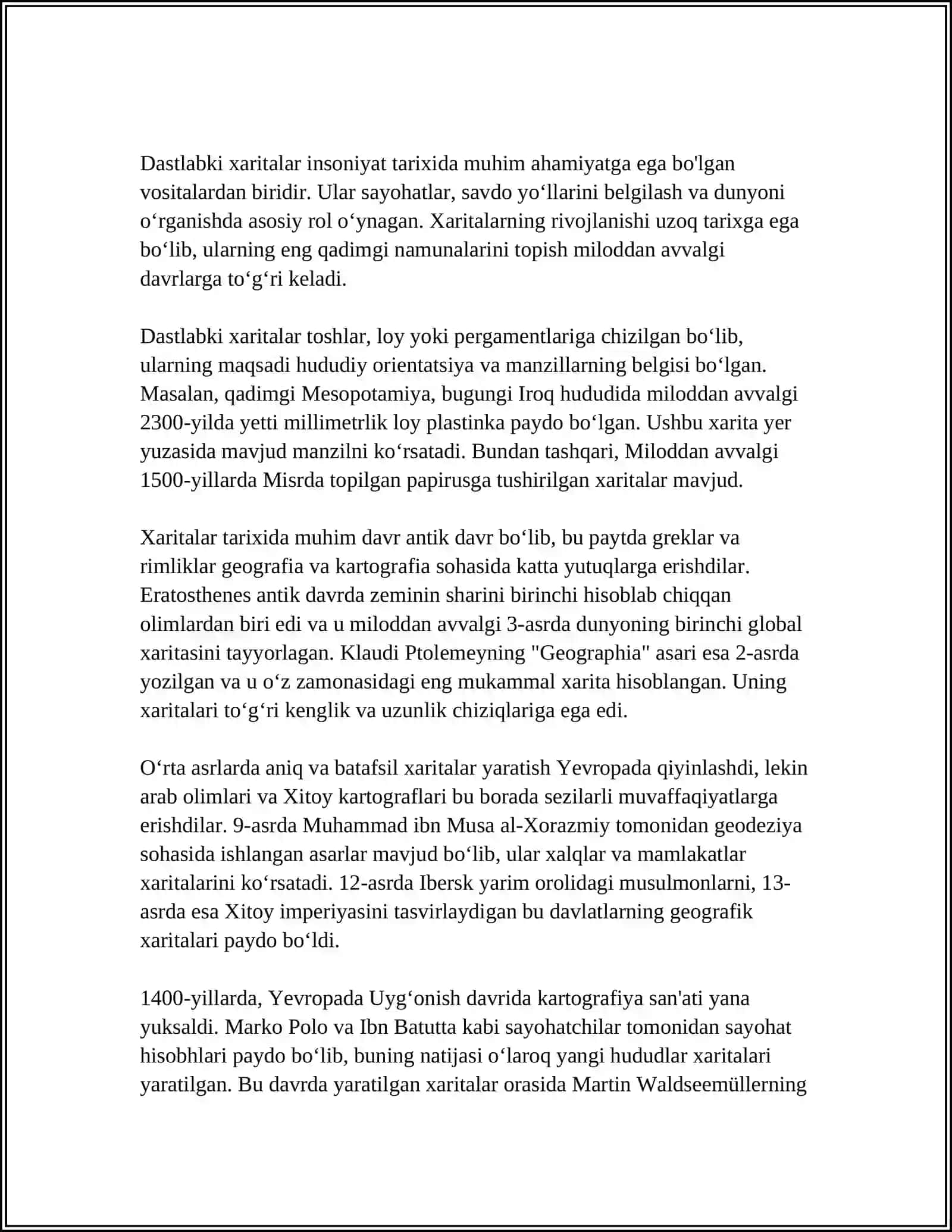 MUSTAQIL ISH Mavzu: TARIXIY KARTOGRAFIYA VA UNING XUSUSIYATLARI.TARIXIY KARTOGRAFIYANING SHAKILLANISHI VA TARAQQIYOTI 4