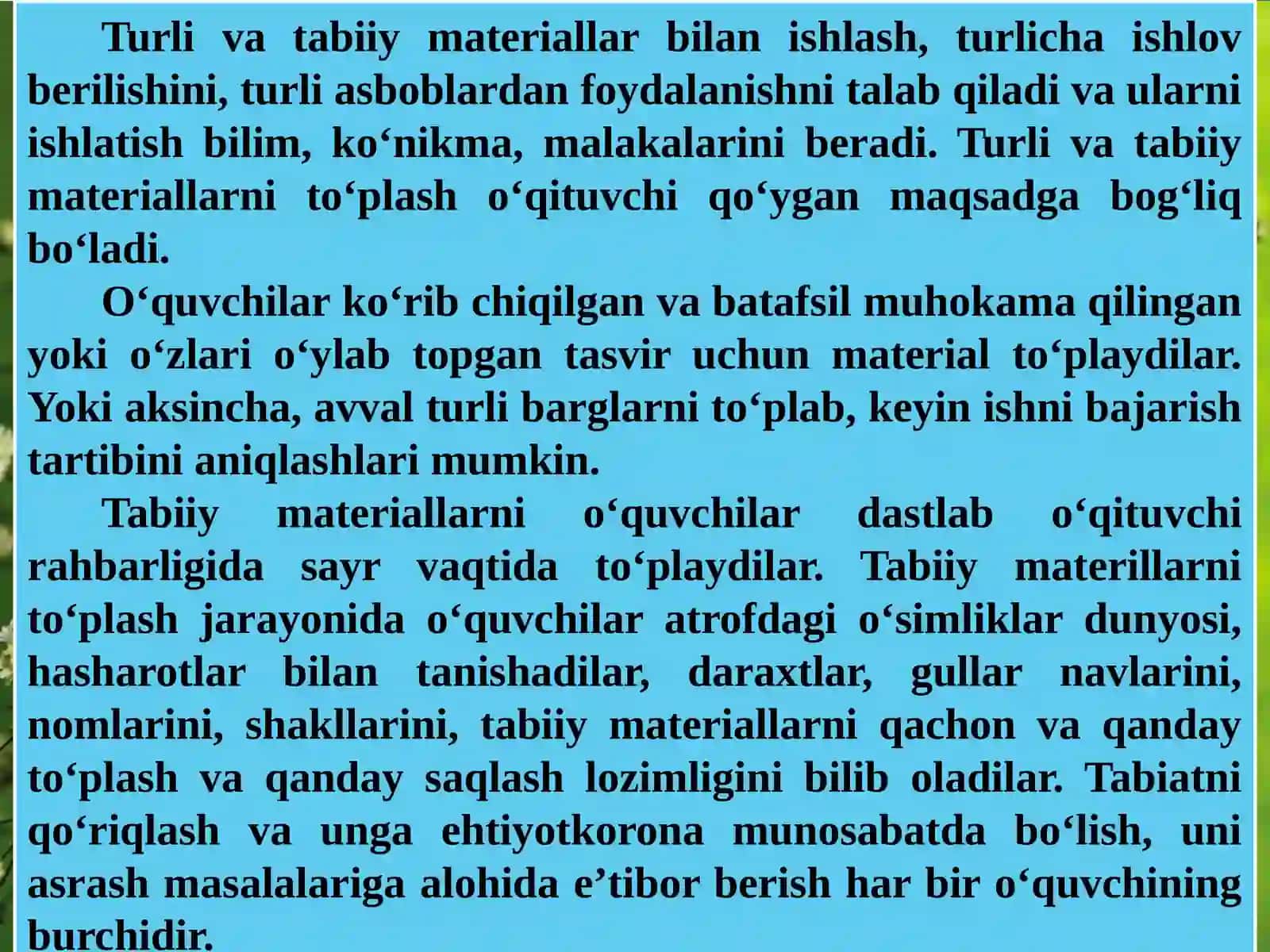 Turli va tabiiy materiallar bilan ishlash darslarini tashkil etish metodikasi 4