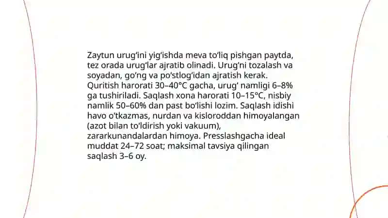 Zaytun urugʻidan sovuq presslash orqali moy olish texnologiyasi 4