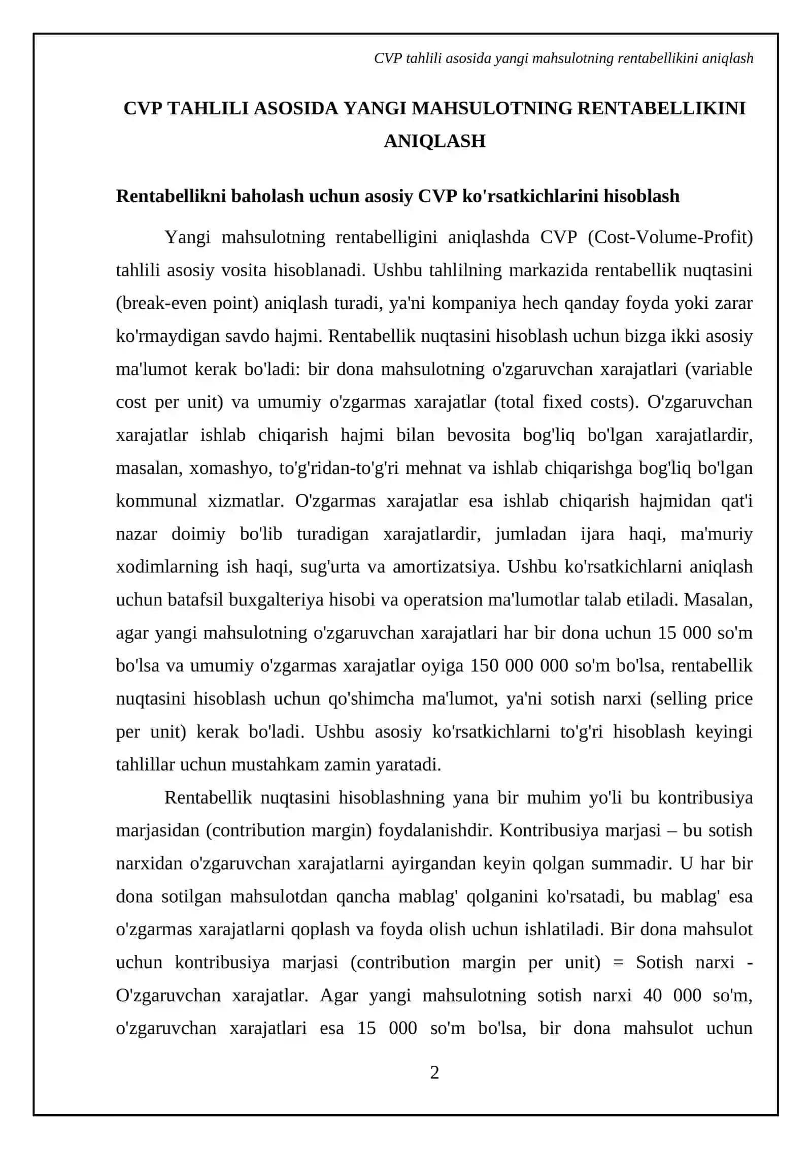 Yangi mahsulotning rentabelligini baholash uchun CVP tahlilini qollash 4