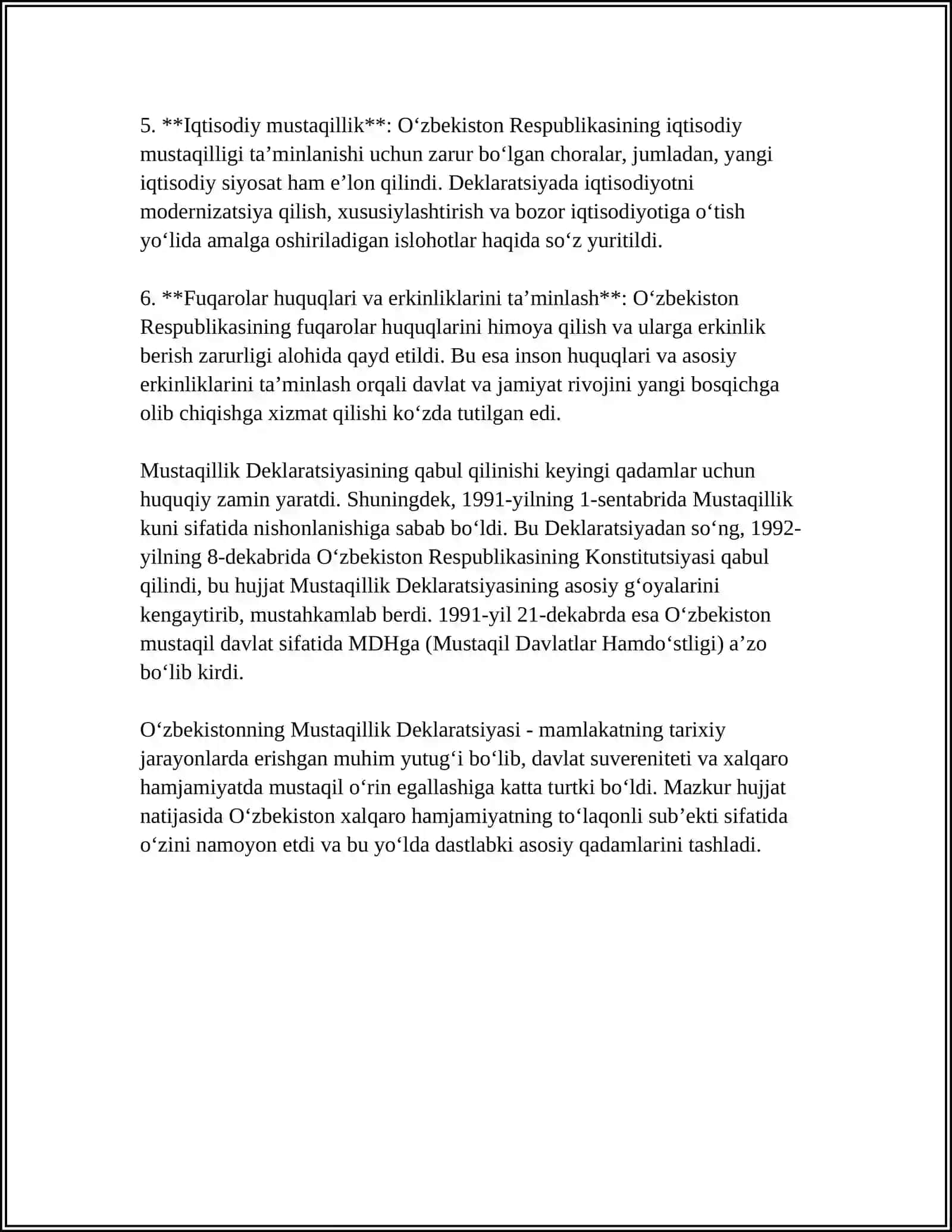 O‘ZBEKISTONNING DAVLAT MUSTAQILLIGINI QO‘LGA KIRITILISHI VA UNING TARIXIY AHAMIYATI 4