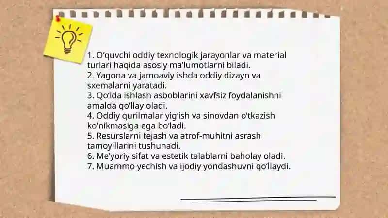 Boshlangʻich sinf Texnologiya taʼlimi darslarida (4-sinf uchun) mashgʻulot ishlanmasini tayyorlash 4