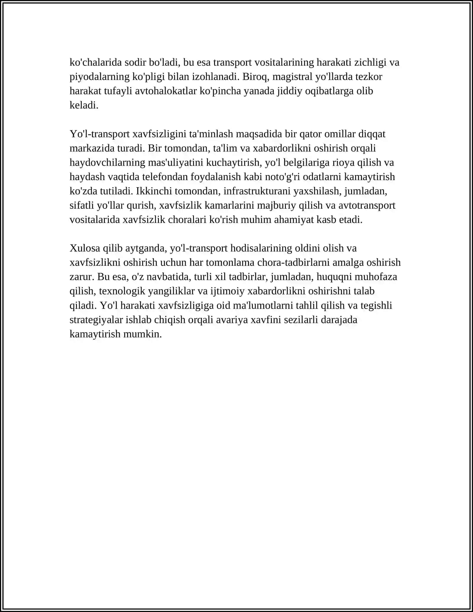 Barcha Darajadagi Boshkaruv va Xukumat Organlamning Yo'l Xarakatida Holat Xavfsizligini Oshirish Buyicha 4