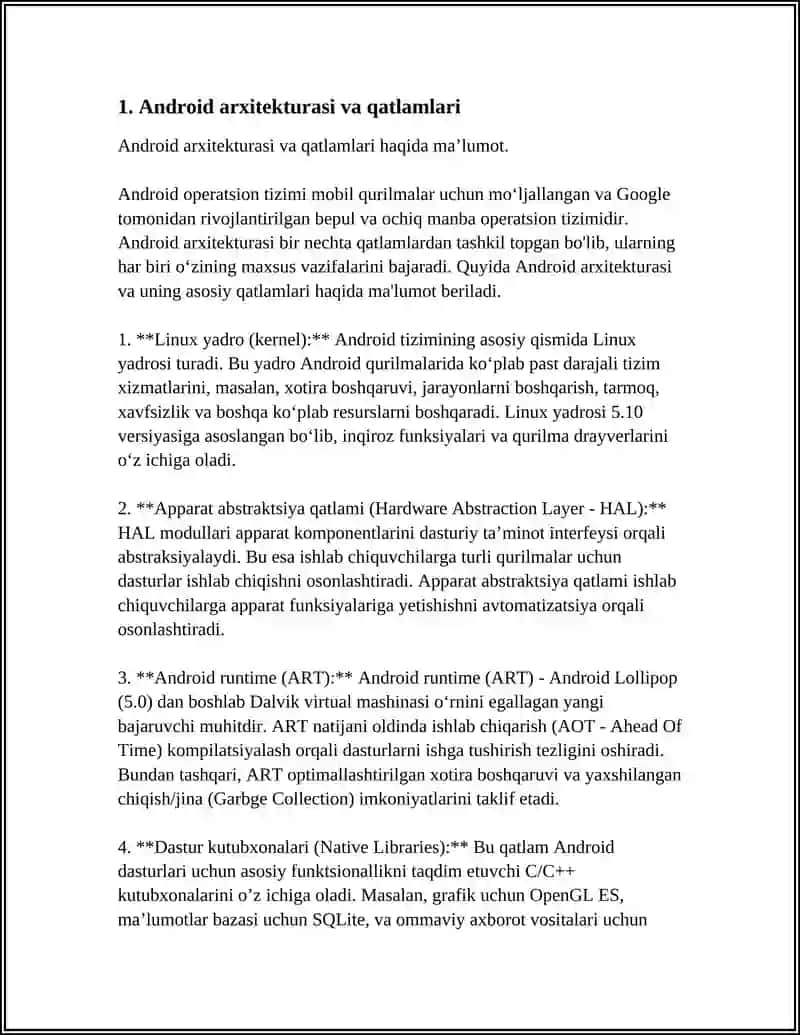 ANDROID TIZIMINING ASOSIY KOMPONENTLARI VA ARXITEKTURASI 4