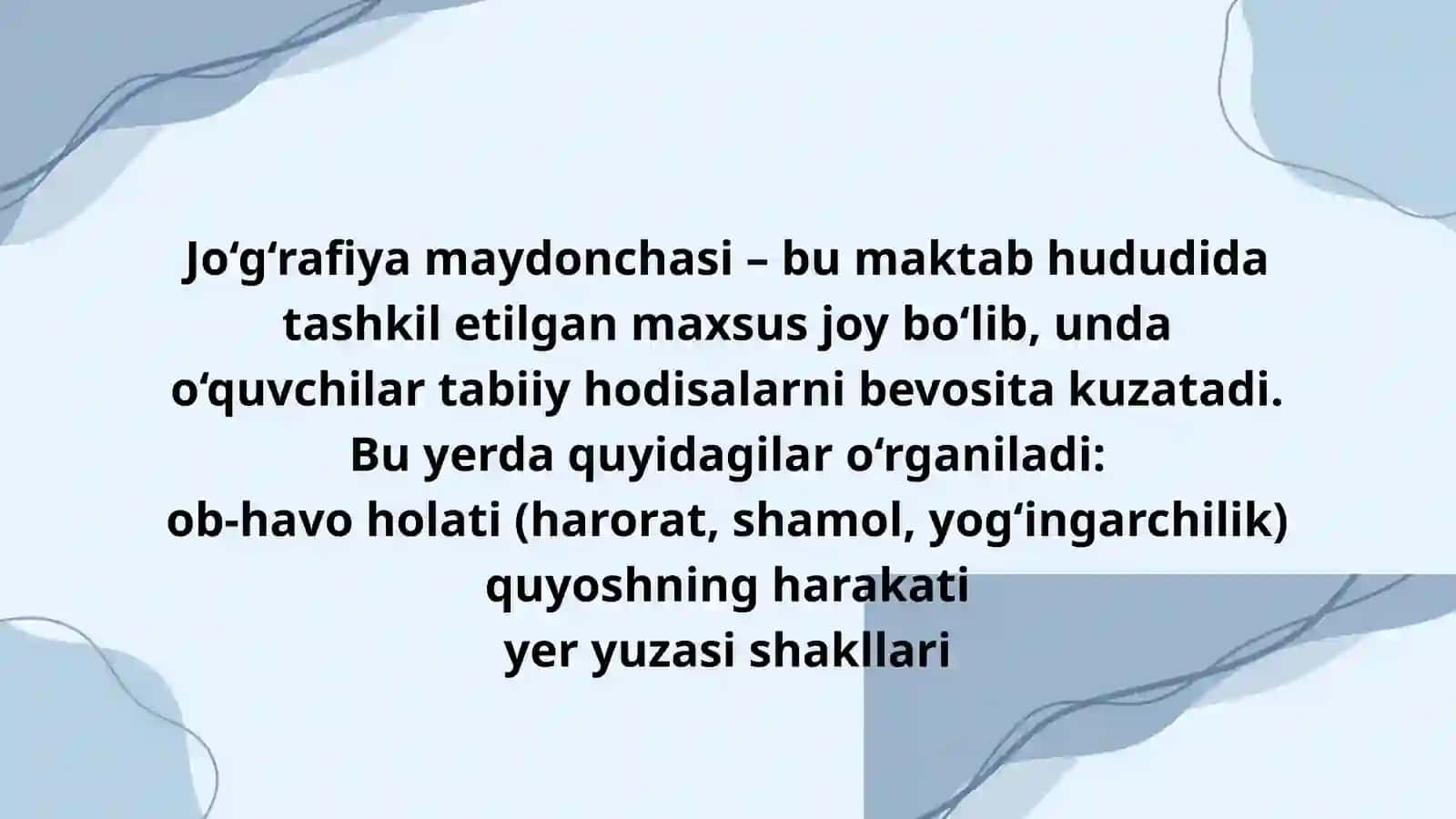 Jo‘g‘rafiya maydonchasi, tirik tabiat burchagi va o‘quv tajriba uchastkasida darslarni tashkil etish metodikasi 4
