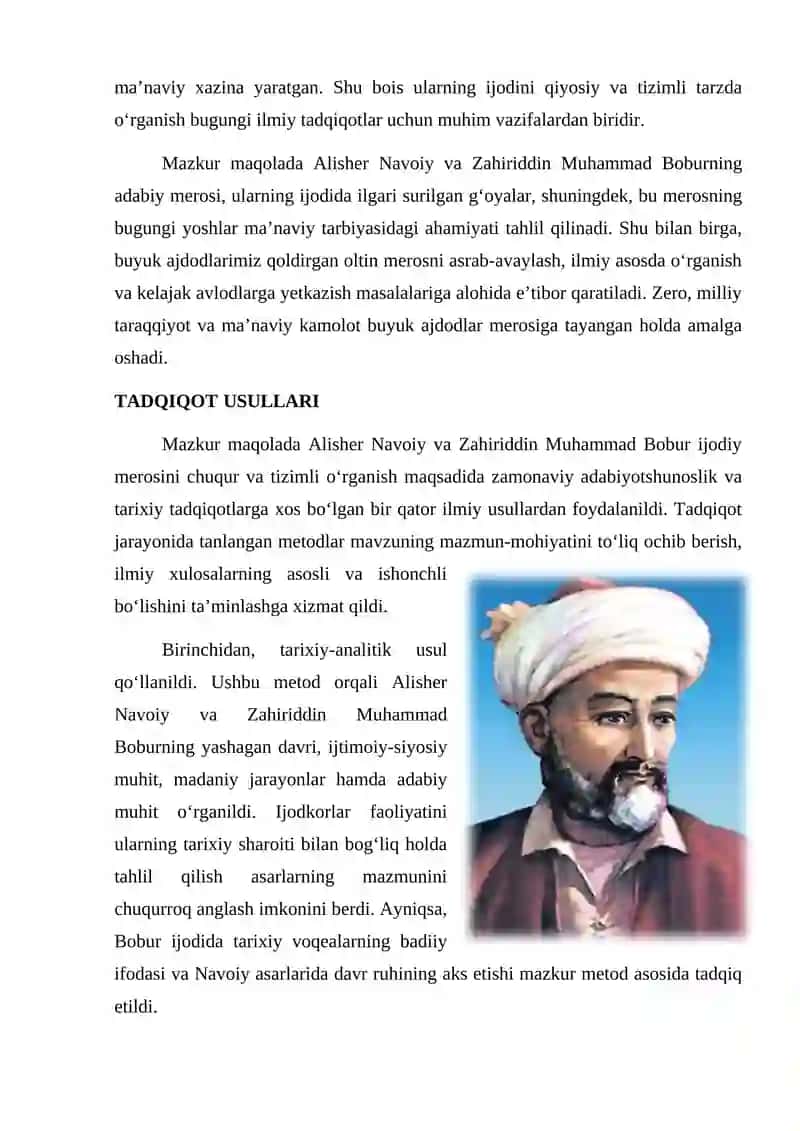 Ushbu maqolada O'zbek mumtoz adabiyotining ikki buyuk namoyandasi - Alisher Navoiy va Zahiriddin Muhammad Boburning hayoti 4
