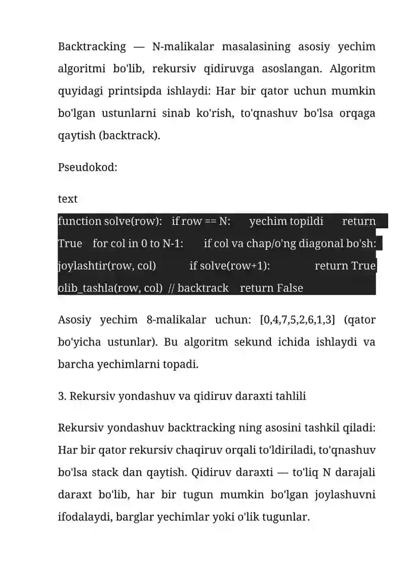 Shaxmat taxtasida malikalar masalasini yechish 4