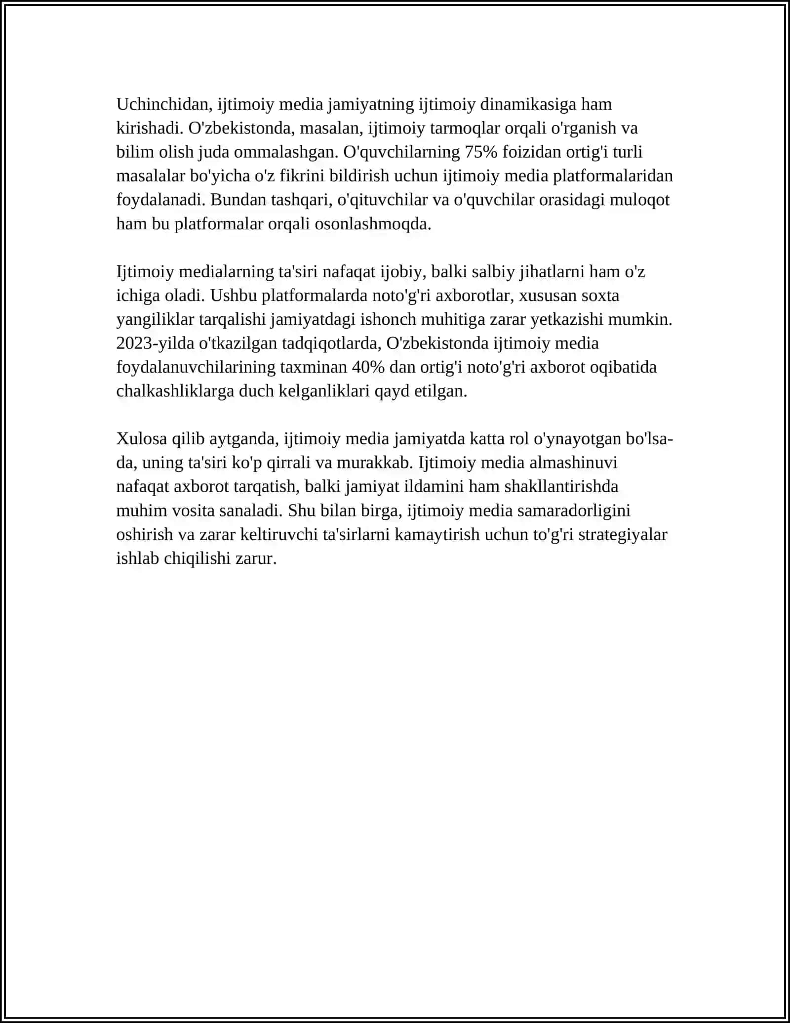 MEDIALARNING IJTIMOIY MAZMUNI BOʻYICHA REFERAT YOZISH 4