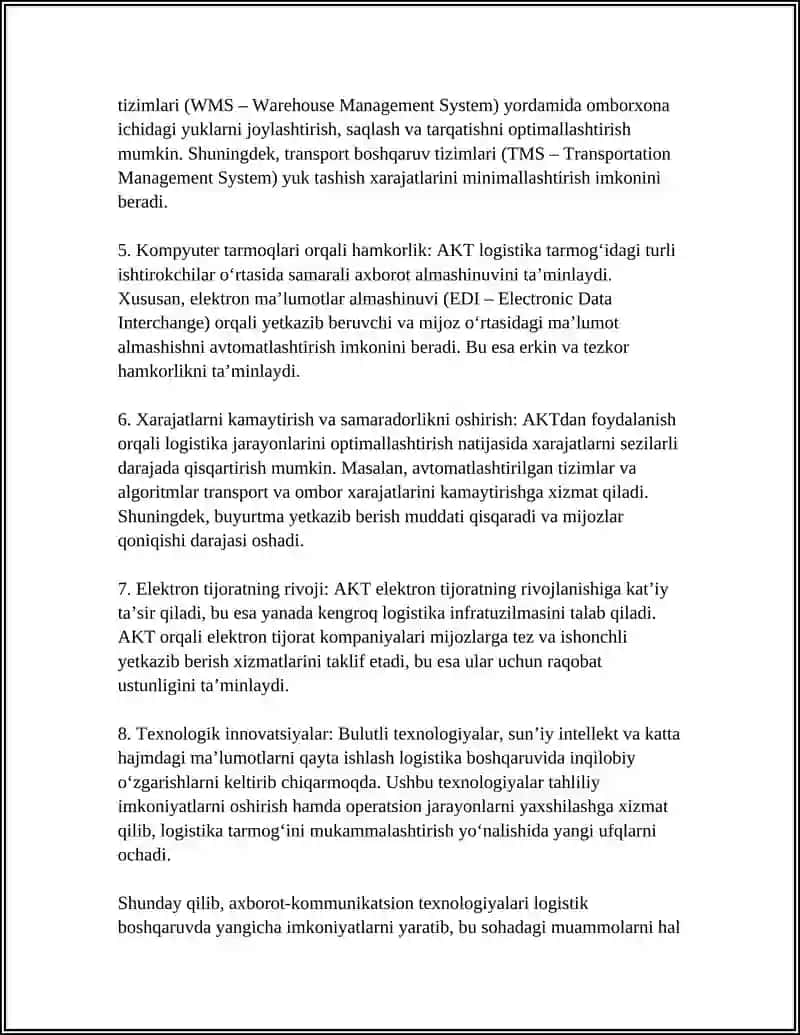 LOGISTIK BOSHQARUVDA AXBOROT KOMMUNIKAQION TEXNOLOGIYALARNING O‘RNI 4
