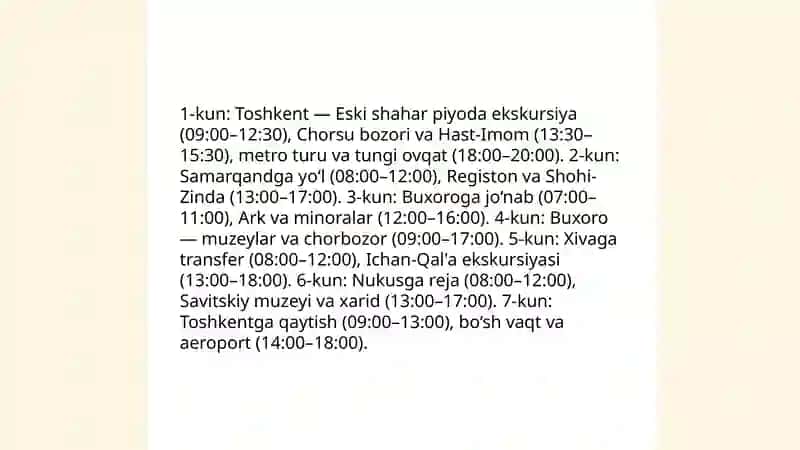 Oʻzbekiston boʻylab 7 kunlik sayohat 4