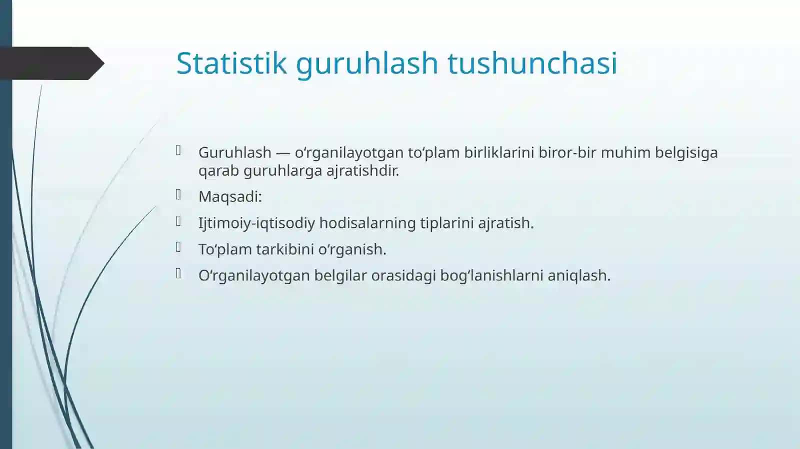 Statistik ma’lumotlarni jamlash, guruhlash va jadvallarda ifodalash 4