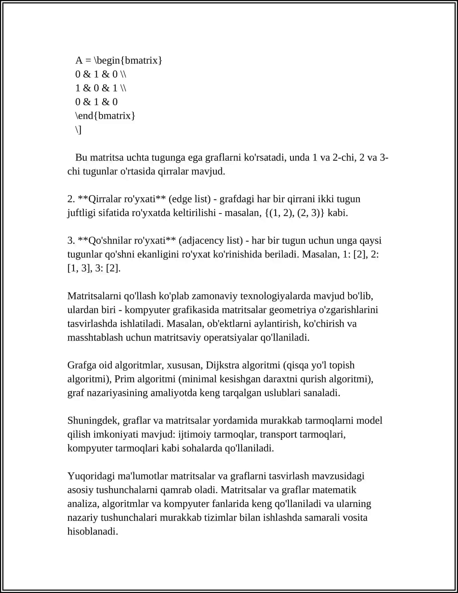 GRAFLARNI TASVIRLASH USULLARI: MUNOSABATLAR MATRITSASI 4