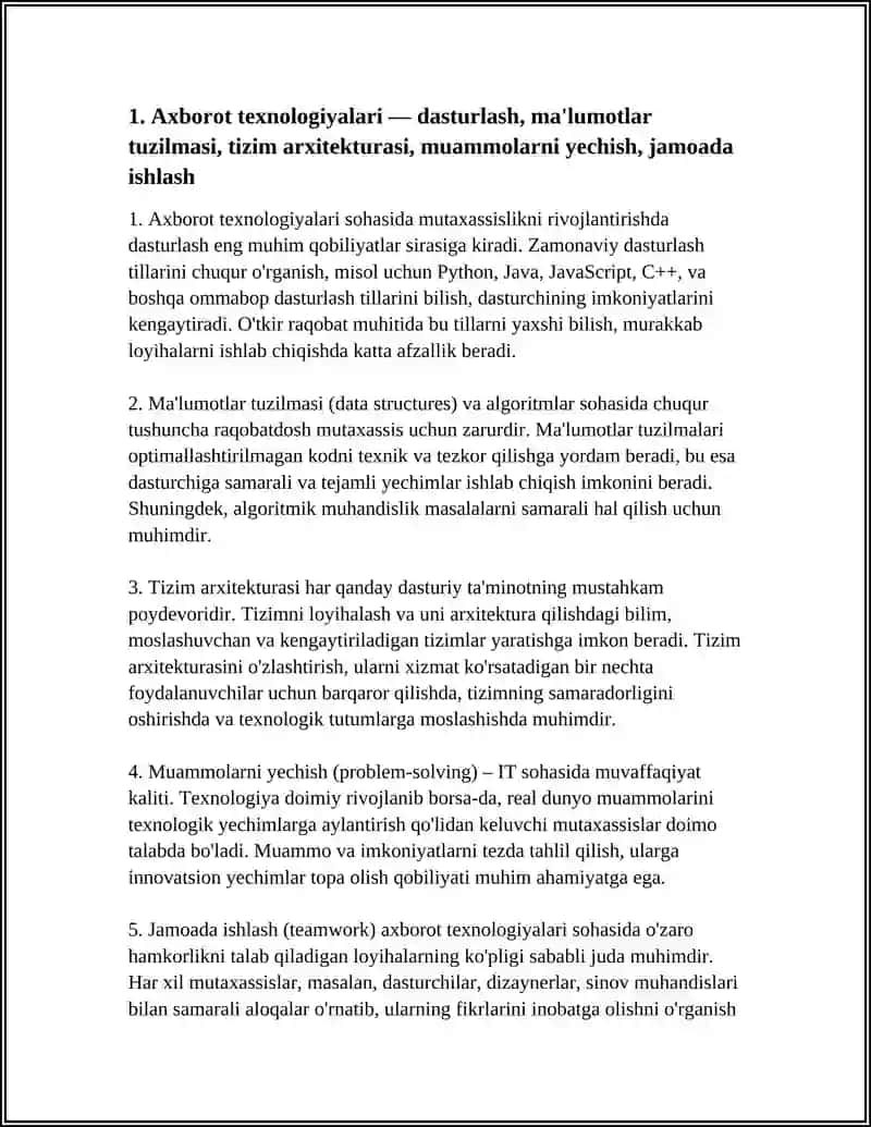 QAYSISOHADA FAOLIYAT OLIB BORASIZ VA SHU SOXADA RAQOBATDOSH MUTAXASSIS BO'LISH UCHUN QANDAY KASBIY KONIKMALARGA EGA BO'LISH ZARUR DEB HISOBLAYSIZ 4