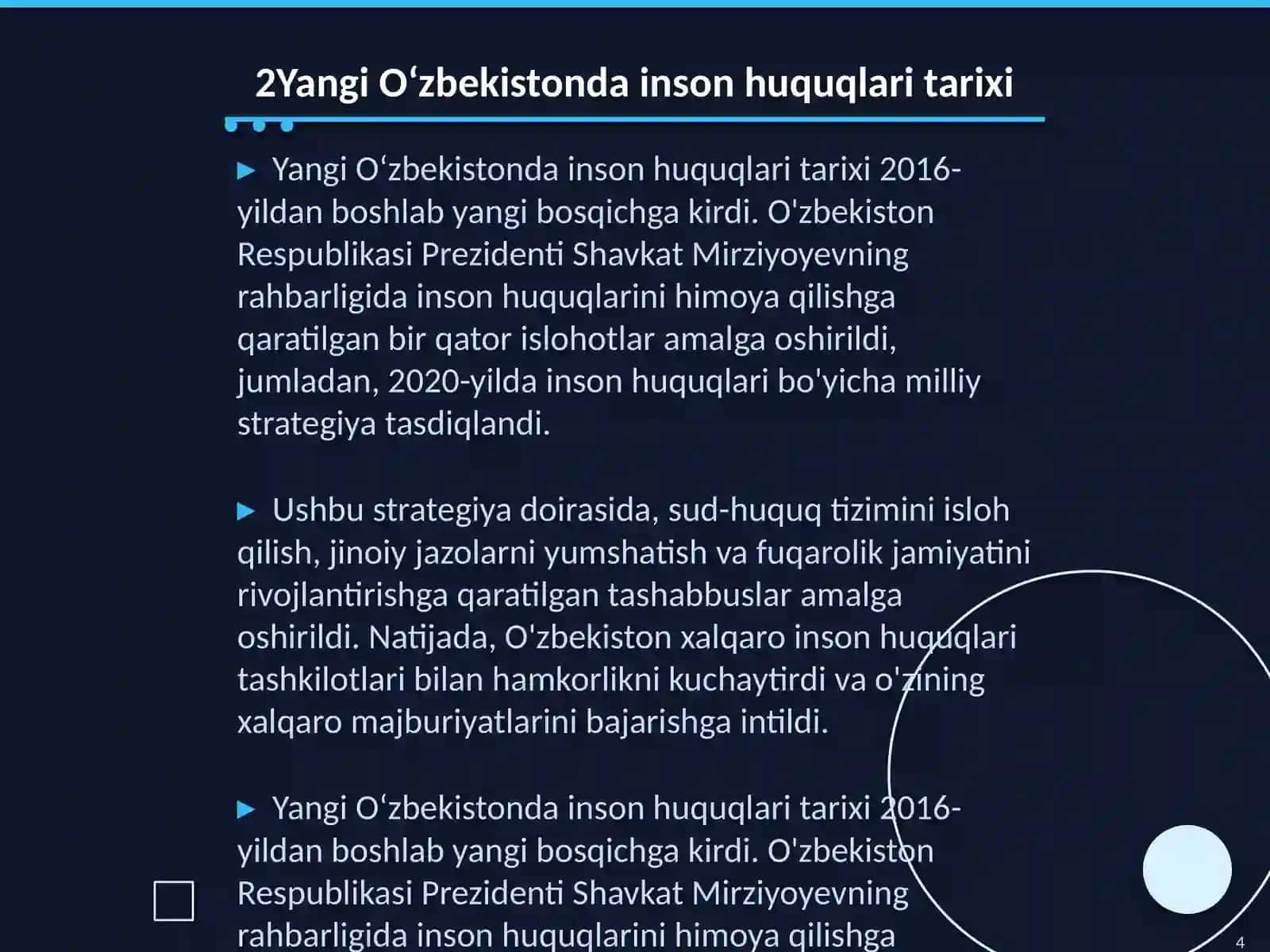 Yangi Oʻzbekistonda inson haq-huquqlari va erkinliklari kafolatining yaratilishi 4