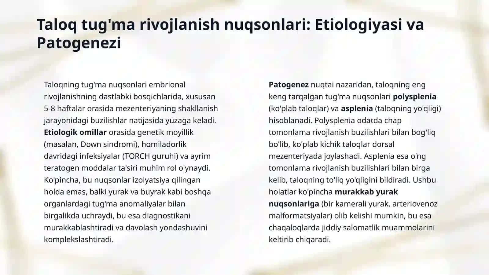 Taloq kasalliklari. Yurak tug’ma nuqsonlari. Qon-tomir sistemasi tug’ma rivojlanish nuqsonlari. 4