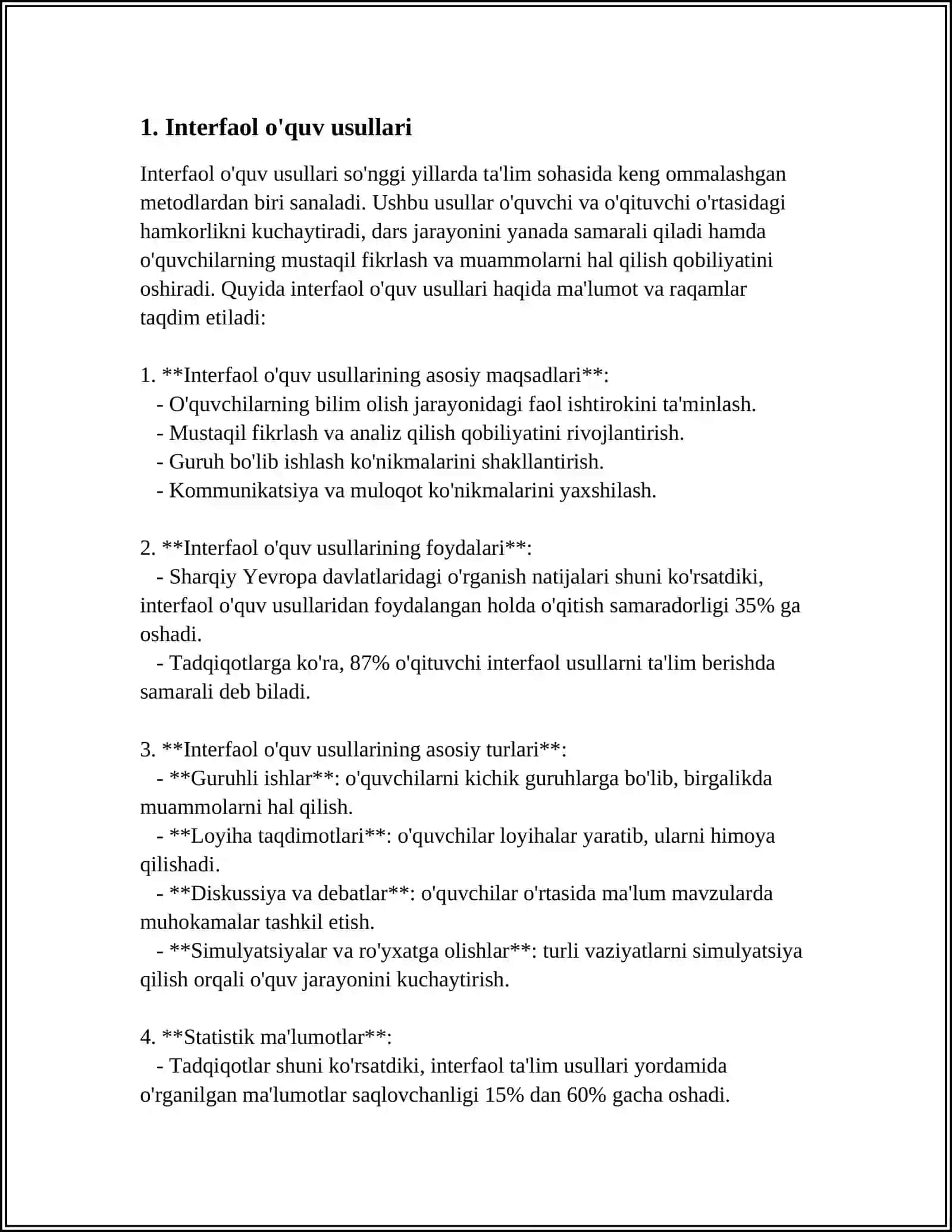 ONA TILI VA OʻQISH SAVODXONLIGI DARSLARIDA QOʻLLANADIGAN INNOVATSION PEDAGOGIK TEXNOLOGIYALARNI OʻZ IJODIY FAOLIYATINGIZ ASOSIDA BERING 4