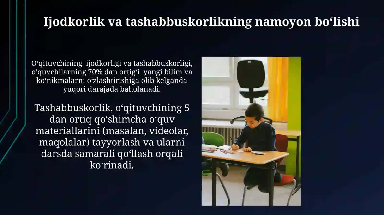 Pedagogik muloqot- oʻqituvchining ijodiy faoliyatini va tashabbuskorligini namoyon etuvchi xususiyat 4