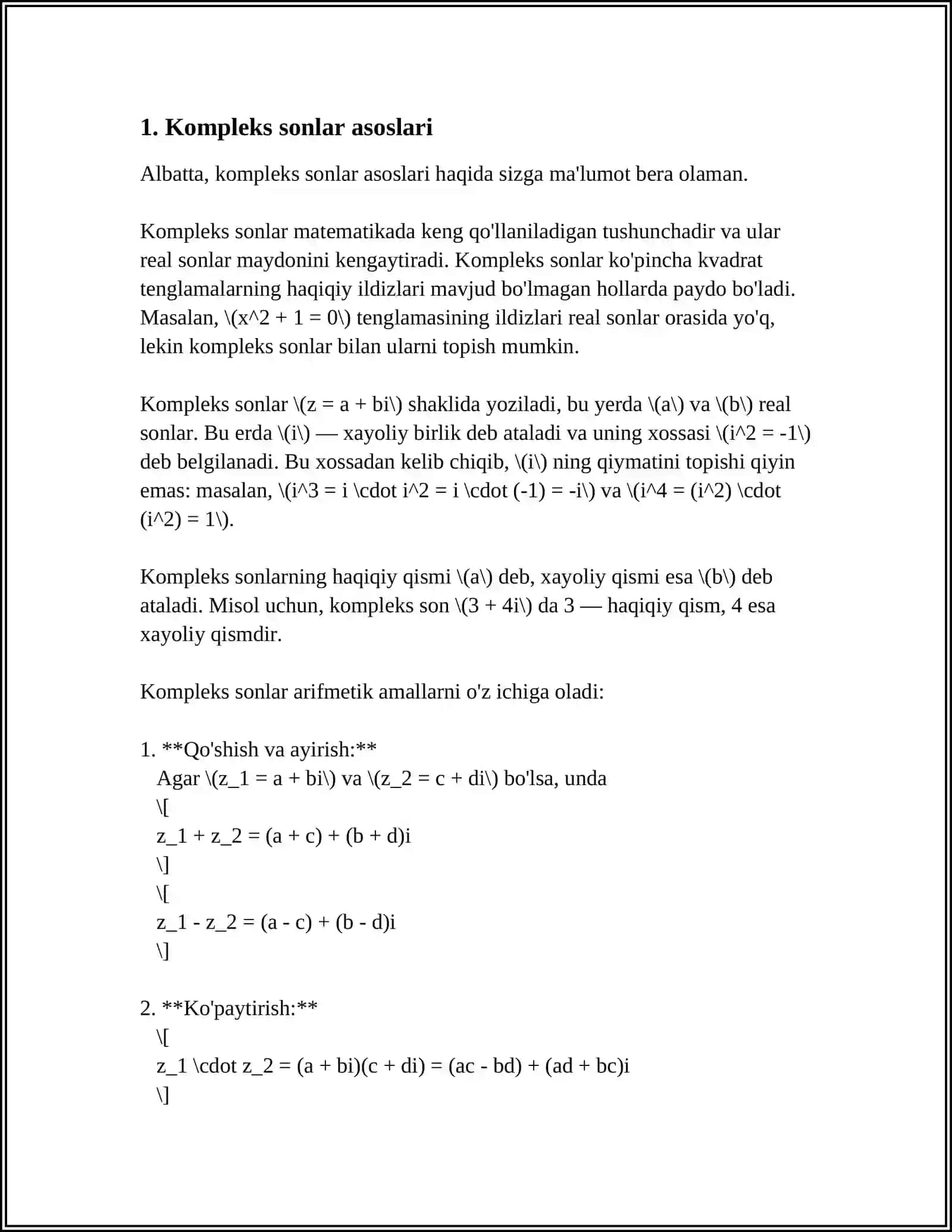 ALGEBRAIK SHAKLDA BERILGAN KOMPLEKS SONDAN ILDIZ CHIQARISH 4