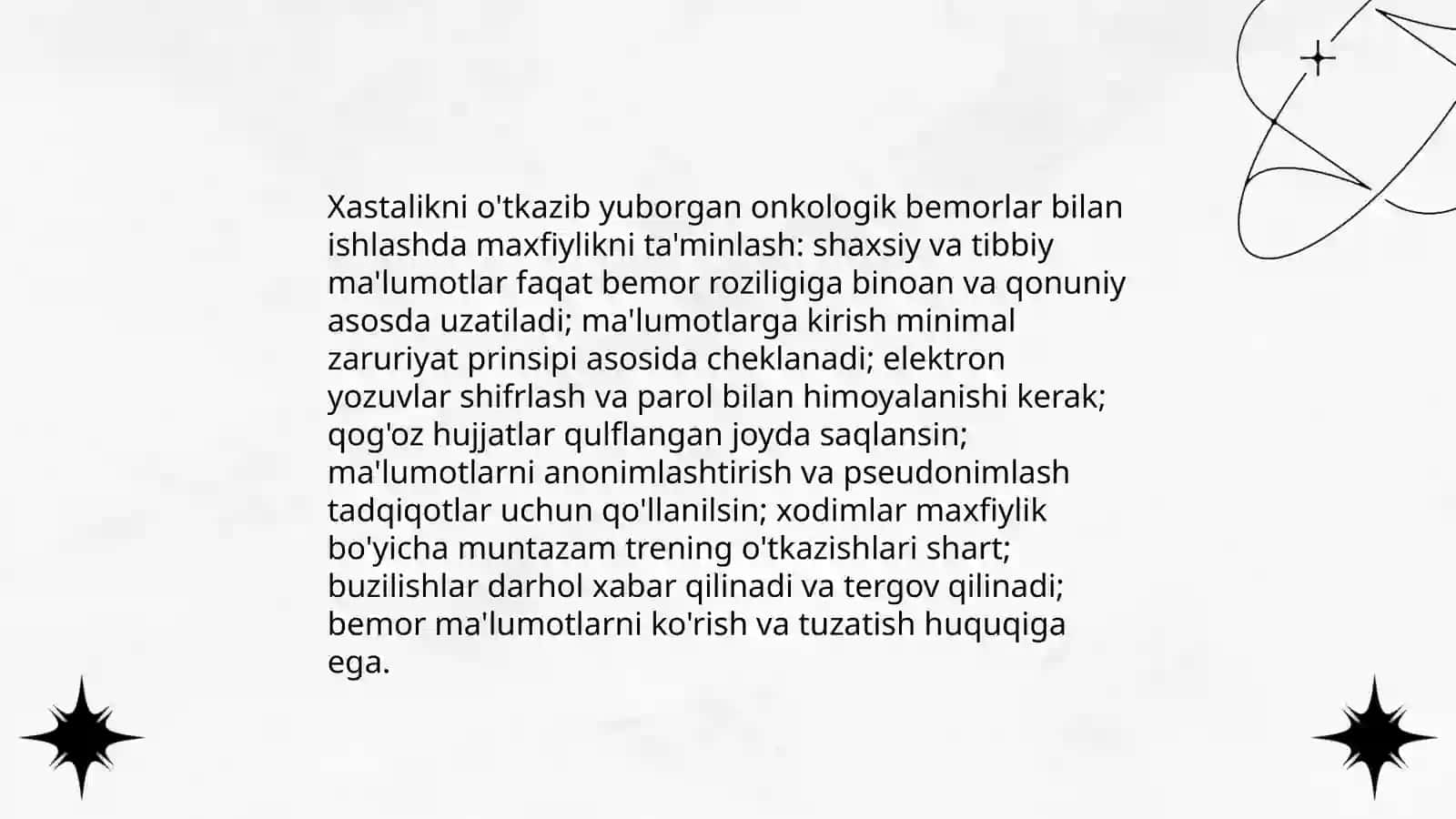 Xastaligi oʻtkazib yuborilgan onkologik bemorlar bilan ishlash deontologiyasi 4