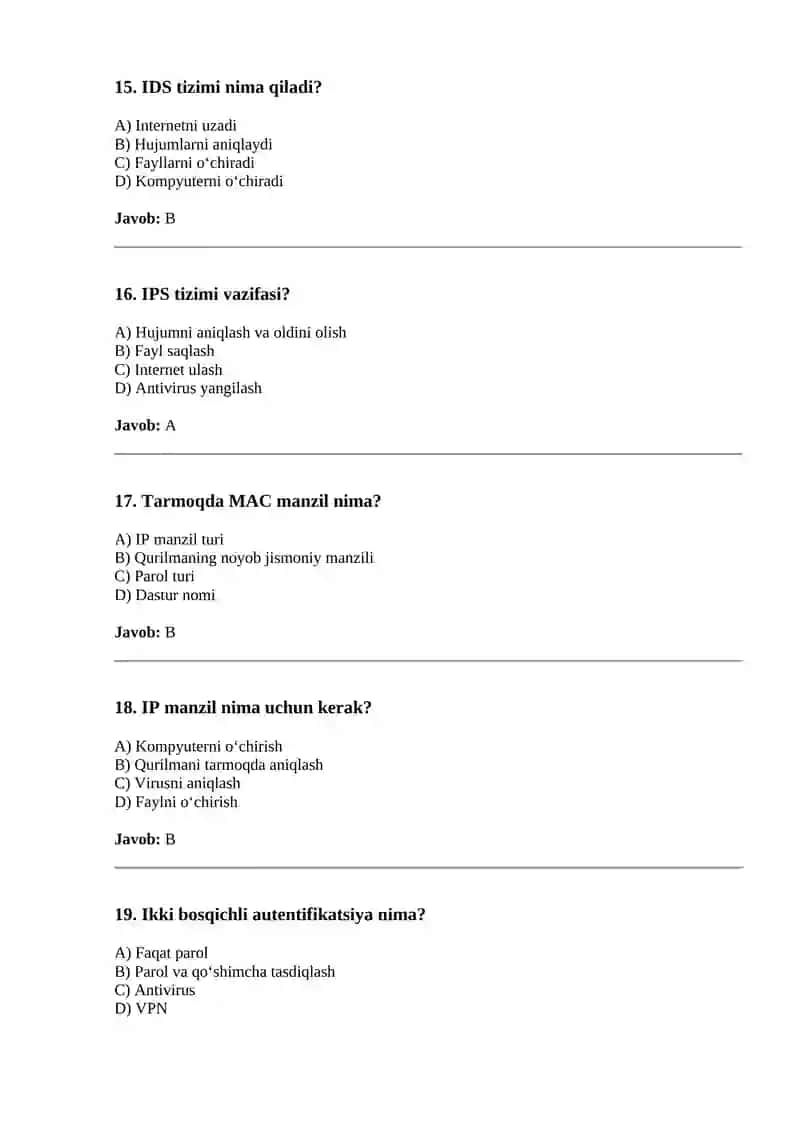 Tarmoq xavfsizligi bo‘yicha test savollari 4
