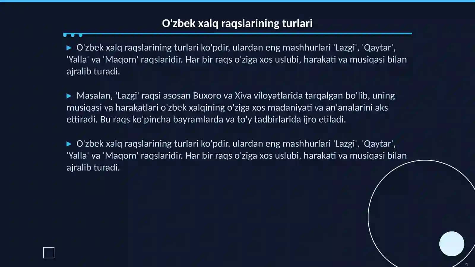 O'zbek xalq raqslari. Xalq tomosha teatrlari 4