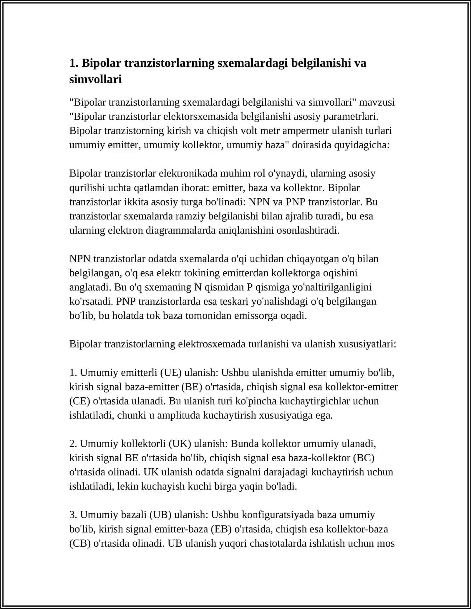 BIPALAR TRANSIZTERLAR ELEKTOR SXEMASIDA BELGILANISHI ASOSIY PARAMETERLARI 4